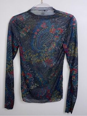 NATURAL LIFE Mesh Boho Top High Neck Long Sleeve Paisley Floral Multicolor Sz M